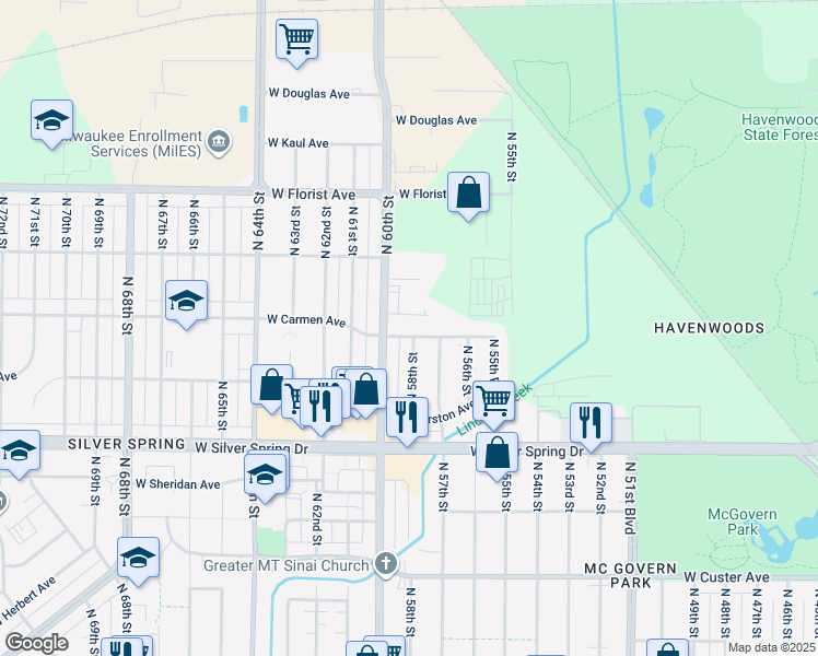 map of restaurants, bars, coffee shops, grocery stores, and more near 5800 North 60th Street in Milwaukee