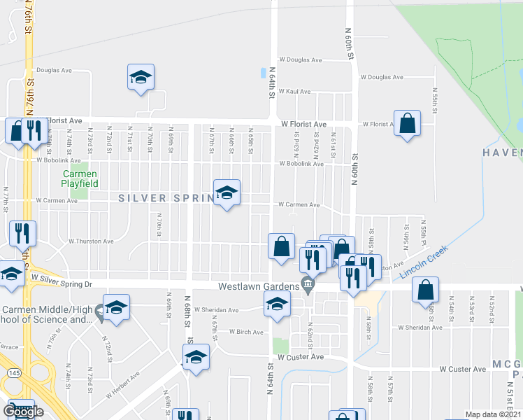 map of restaurants, bars, coffee shops, grocery stores, and more near 5821 North 64th Street in Milwaukee