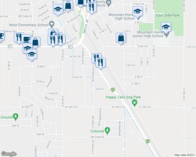 map of restaurants, bars, coffee shops, grocery stores, and more near 285 West 9th South Street in Mountain Home