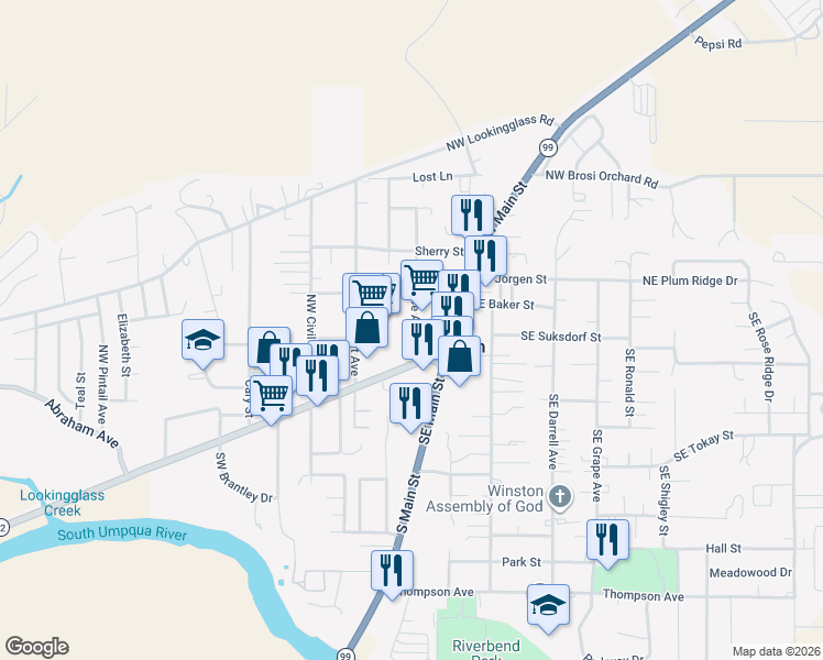 map of restaurants, bars, coffee shops, grocery stores, and more near 68 Northwest Rose Street in Winston
