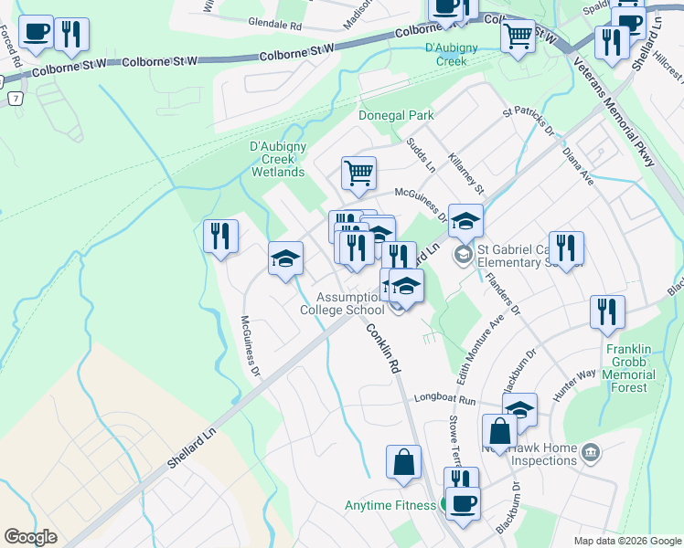 map of restaurants, bars, coffee shops, grocery stores, and more near 230 Shellard Lane in Brantford