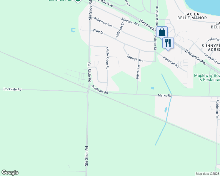 map of restaurants, bars, coffee shops, grocery stores, and more near N7735 Maple Ridge Road in Oconomowoc