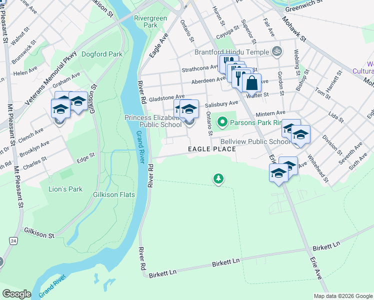 map of restaurants, bars, coffee shops, grocery stores, and more near 107 Baldwin Avenue in Brantford