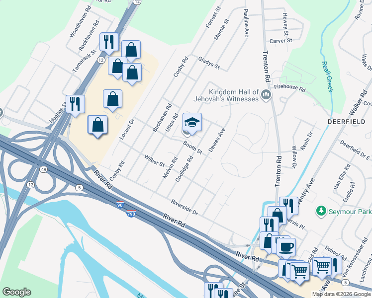 map of restaurants, bars, coffee shops, grocery stores, and more near 176-182 Booth St in Utica