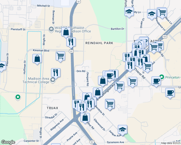map of restaurants, bars, coffee shops, grocery stores, and more near 1725 Onsgard Road in Madison