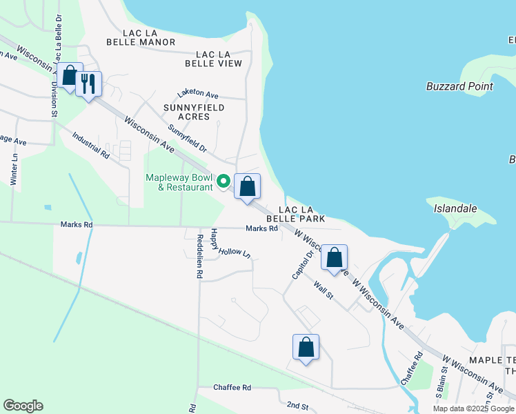 map of restaurants, bars, coffee shops, grocery stores, and more near 34950 Wisconsin Avenue in Oconomowoc