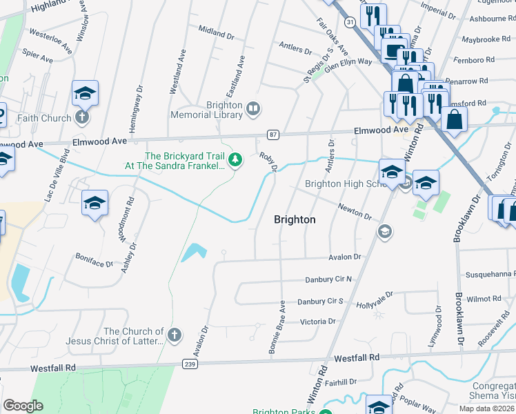 map of restaurants, bars, coffee shops, grocery stores, and more near 119 Roby Drive in Rochester