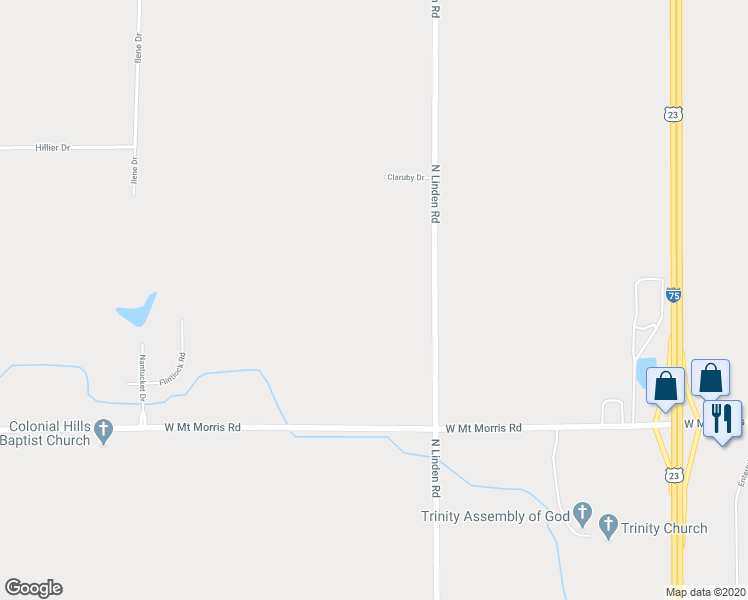 map of restaurants, bars, coffee shops, grocery stores, and more near 8145 North Linden Road in Mount Morris