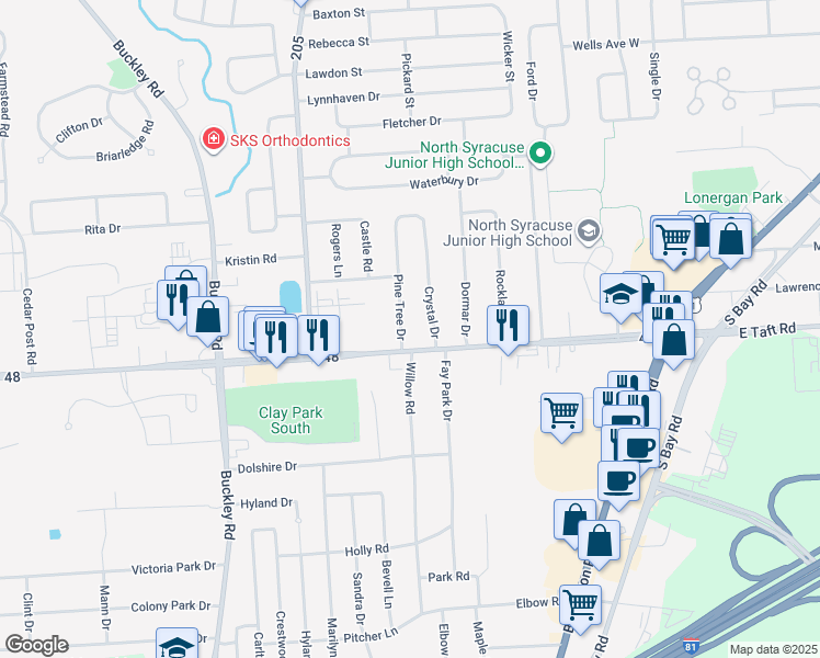 map of restaurants, bars, coffee shops, grocery stores, and more near 114 Pine Tree Drive in Syracuse