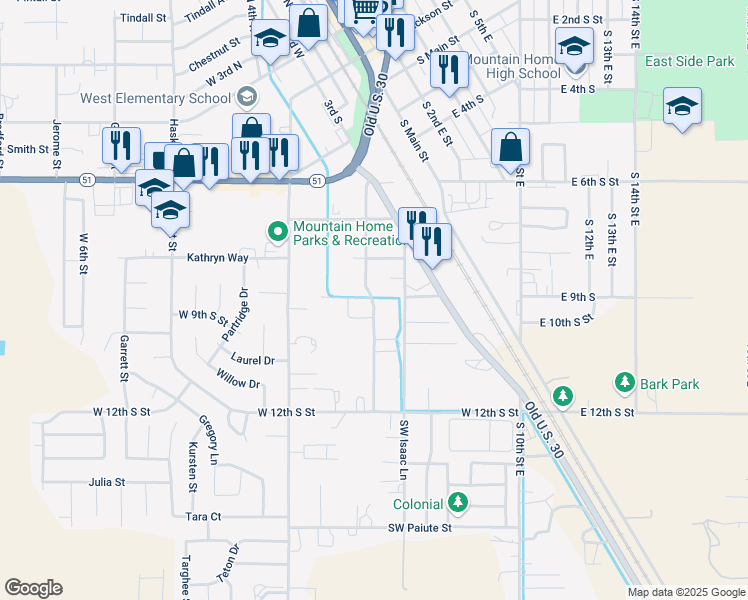 map of restaurants, bars, coffee shops, grocery stores, and more near 860 South 3rd West B Street in Mountain Home