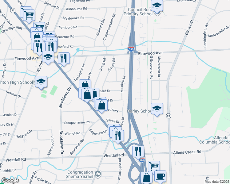 map of restaurants, bars, coffee shops, grocery stores, and more near 42 Willowdale Drive in Rochester