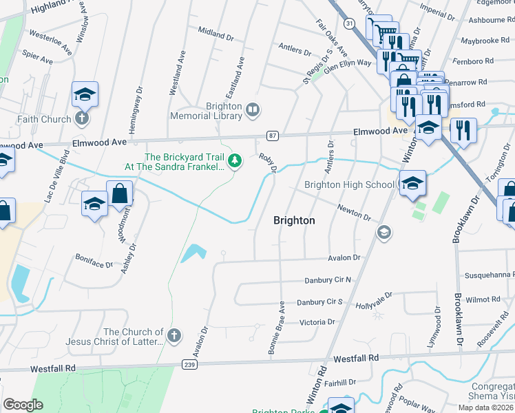 map of restaurants, bars, coffee shops, grocery stores, and more near 119 Roby Drive in Rochester
