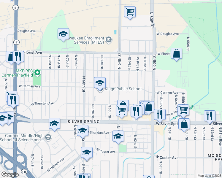 map of restaurants, bars, coffee shops, grocery stores, and more near 5821 North 64th Street in Milwaukee