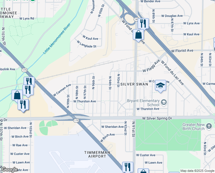 map of restaurants, bars, coffee shops, grocery stores, and more near 9444 West Carmen Avenue in Milwaukee