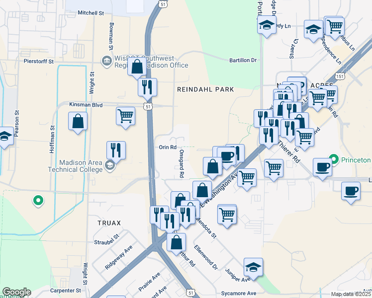 map of restaurants, bars, coffee shops, grocery stores, and more near 3812 Orin Road in Madison