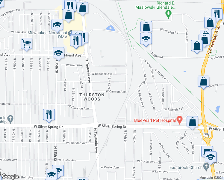 map of restaurants, bars, coffee shops, grocery stores, and more near 2820 West Carmen Avenue in Milwaukee