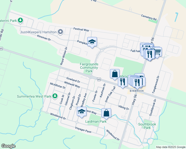 map of restaurants, bars, coffee shops, grocery stores, and more near 310 Fall Fair Way in Hamilton