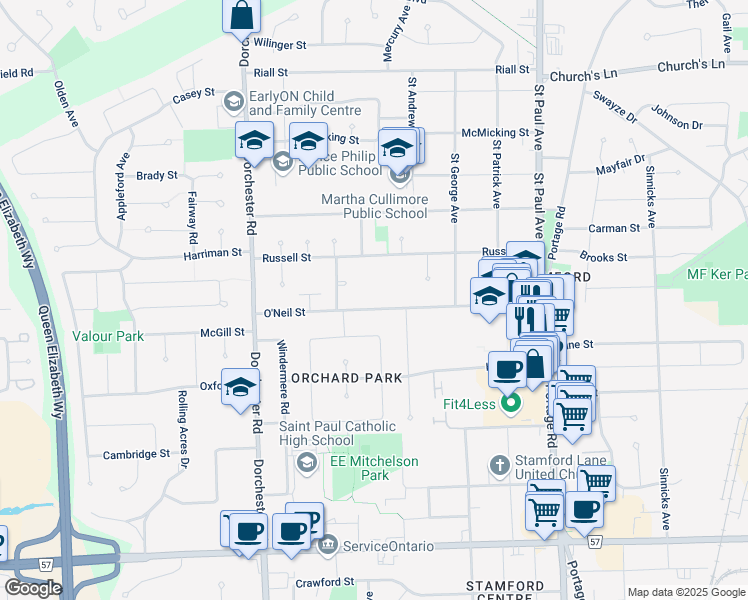 map of restaurants, bars, coffee shops, grocery stores, and more near 6601 O'Neil Street in Niagara Falls