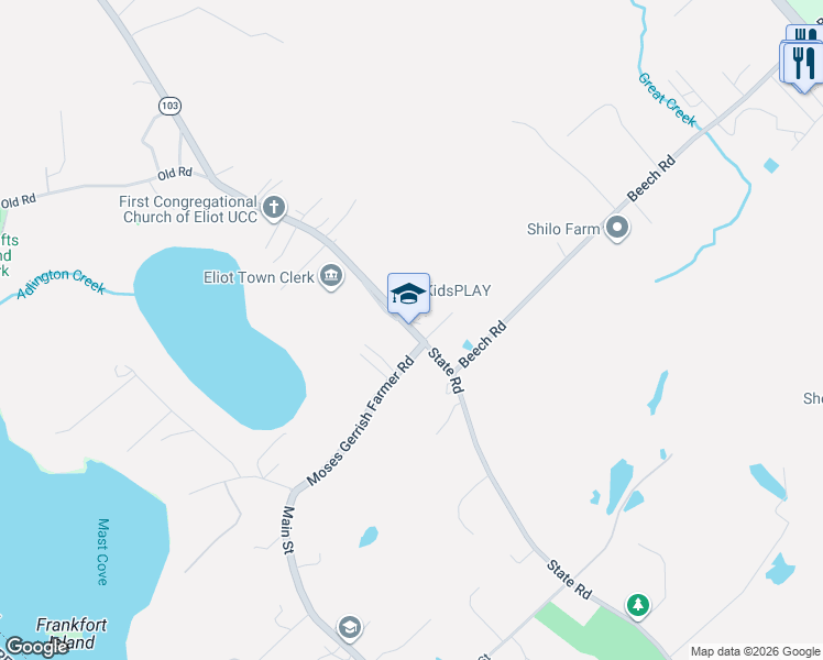 map of restaurants, bars, coffee shops, grocery stores, and more near 1298 State Road in Eliot