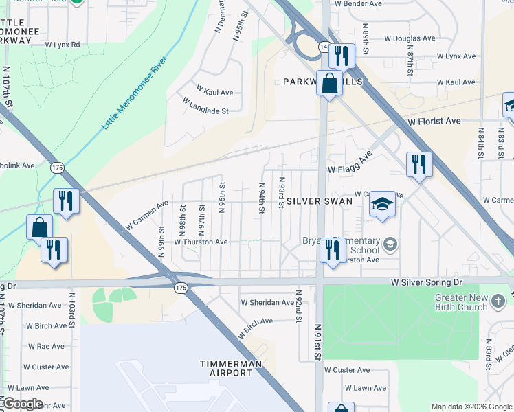 map of restaurants, bars, coffee shops, grocery stores, and more near 9444 West Carmen Avenue in Milwaukee