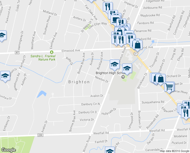 map of restaurants, bars, coffee shops, grocery stores, and more near 268 Newton Drive in Rochester