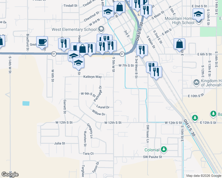 map of restaurants, bars, coffee shops, grocery stores, and more near 915 South 5th West Street in Mountain Home