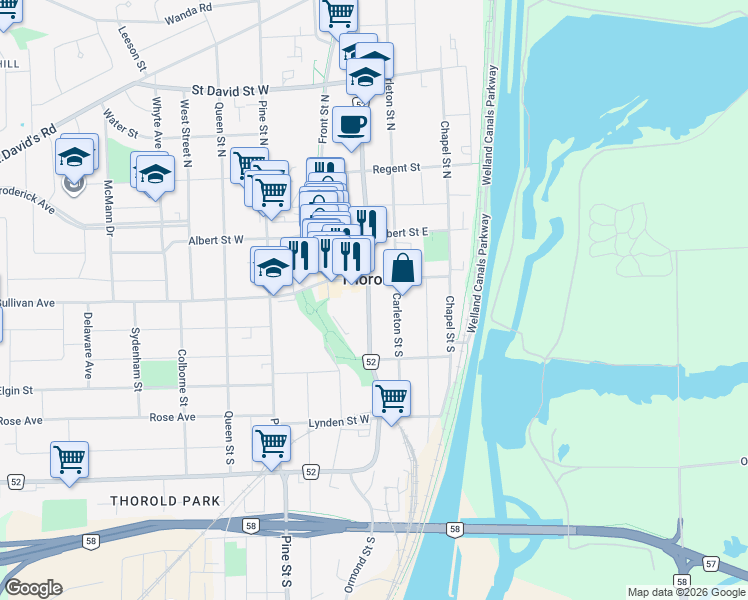 map of restaurants, bars, coffee shops, grocery stores, and more near in Thorold