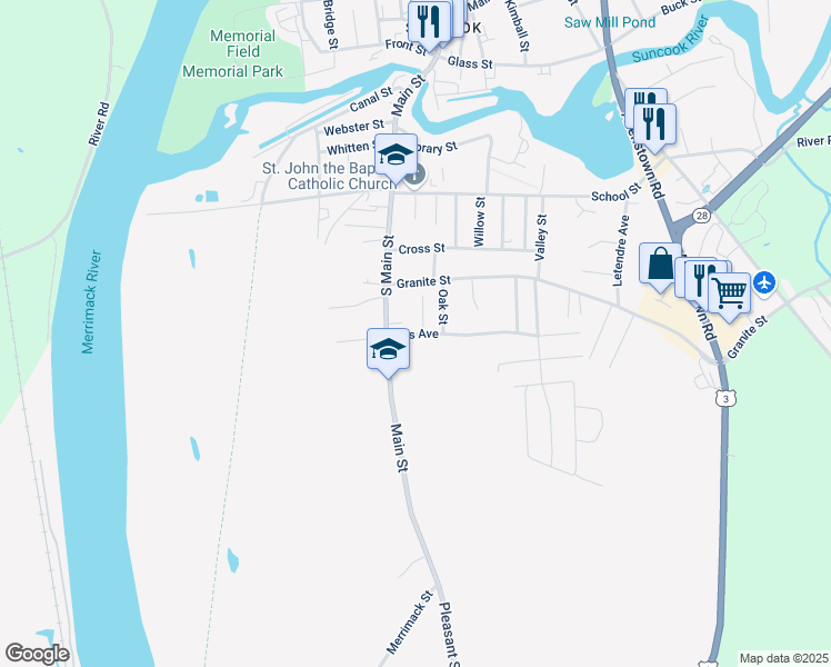 map of restaurants, bars, coffee shops, grocery stores, and more near 3 Court Street in Allenstown