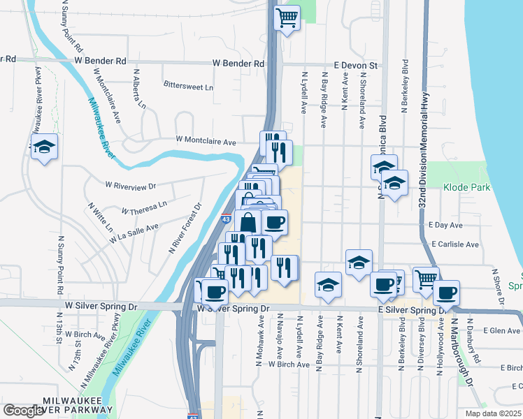 map of restaurants, bars, coffee shops, grocery stores, and more near 5800 North Port Washington Road in Glendale