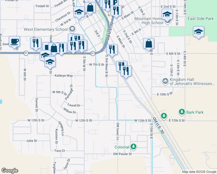 map of restaurants, bars, coffee shops, grocery stores, and more near 860 South 3rd West B Street in Mountain Home