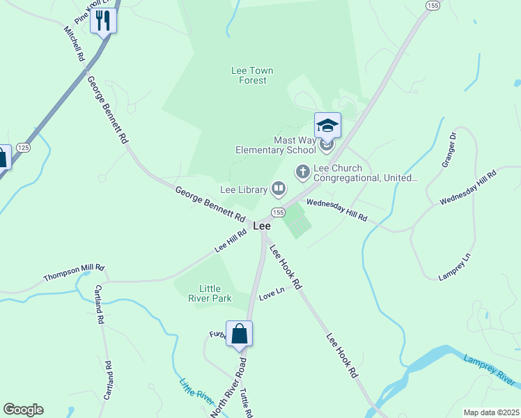 map of restaurants, bars, coffee shops, grocery stores, and more near 9 Mast Road in Lee