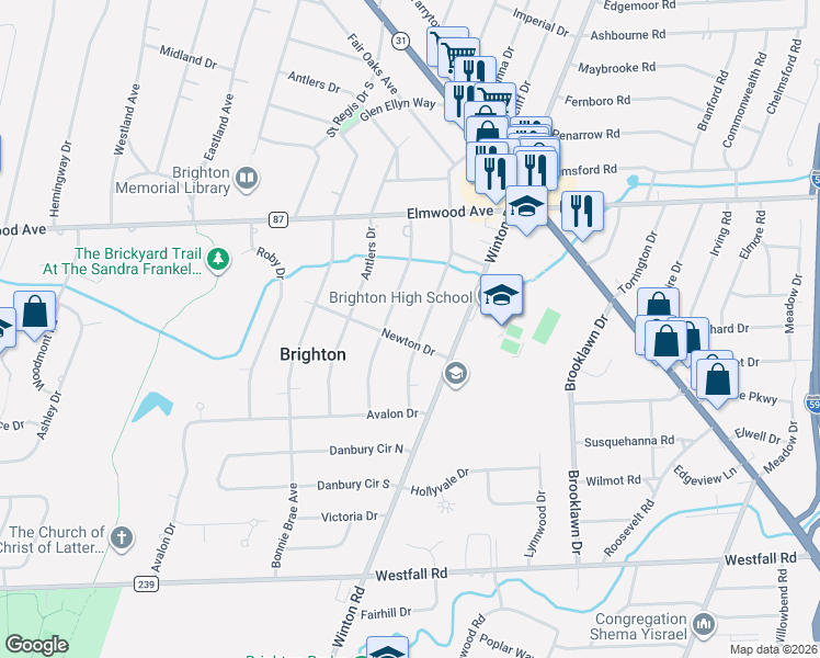map of restaurants, bars, coffee shops, grocery stores, and more near 281 Hollywood Avenue in Rochester