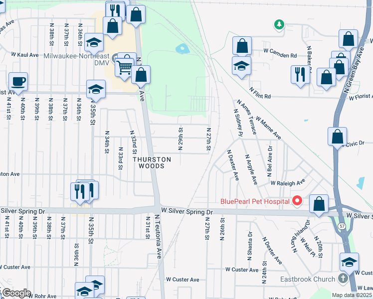 map of restaurants, bars, coffee shops, grocery stores, and more near 2817 West Oriole Drive in Milwaukee