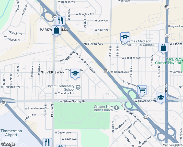 map of restaurants, bars, coffee shops, grocery stores, and more near 8655 West Fond Du Lac Avenue in Milwaukee