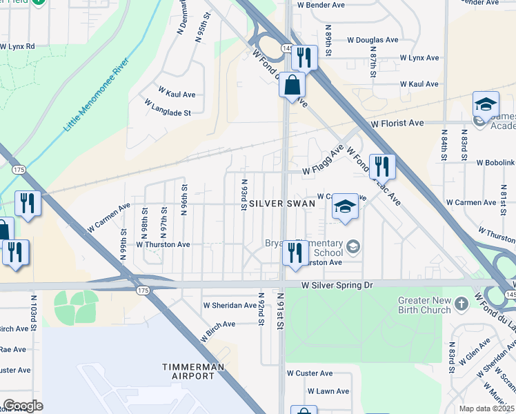 map of restaurants, bars, coffee shops, grocery stores, and more near 5807 North 92nd Street in Milwaukee