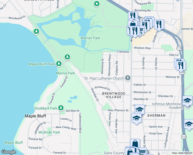 map of restaurants, bars, coffee shops, grocery stores, and more near 14 Wyldewood Circle in Madison