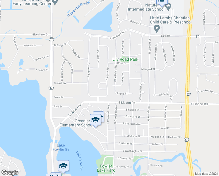 map of restaurants, bars, coffee shops, grocery stores, and more near 1121 Niagara Road in Oconomowoc