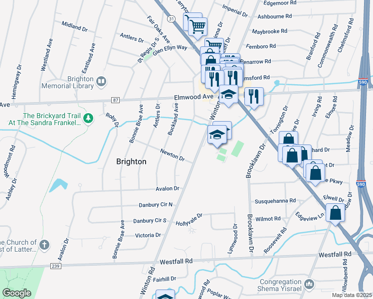 map of restaurants, bars, coffee shops, grocery stores, and more near 1153 Winton Road in Rochester