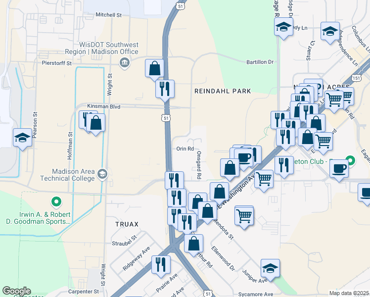map of restaurants, bars, coffee shops, grocery stores, and more near 3828 Orin Road in Madison