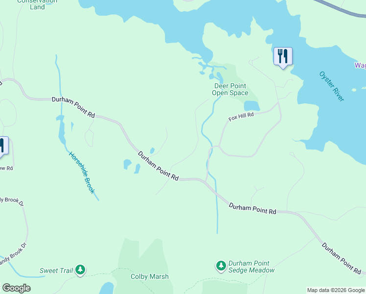 map of restaurants, bars, coffee shops, grocery stores, and more near 143 Durham Point Road in Durham