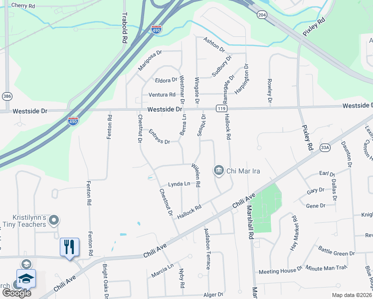 map of restaurants, bars, coffee shops, grocery stores, and more near 25 Berna Lane in Rochester