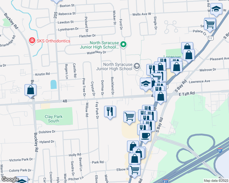 map of restaurants, bars, coffee shops, grocery stores, and more near 109 Hazelhurst Avenue in North Syracuse
