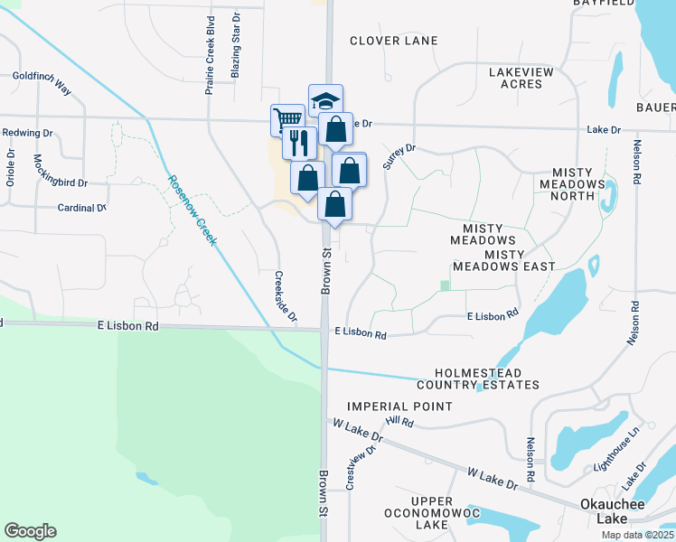 map of restaurants, bars, coffee shops, grocery stores, and more near 5740-5744 Brown Street in Oconomowoc