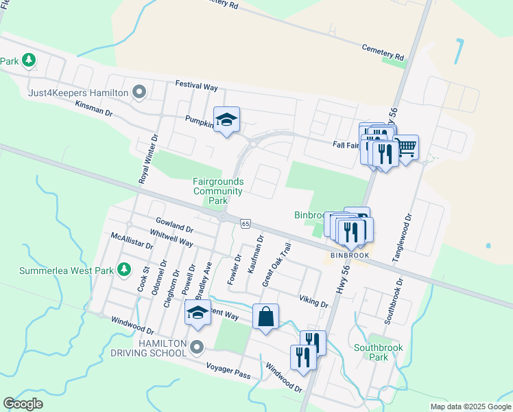 map of restaurants, bars, coffee shops, grocery stores, and more near 36 Valiant Circle in Hamilton