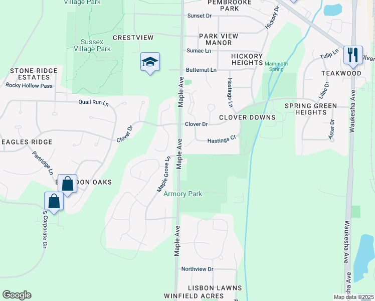 map of restaurants, bars, coffee shops, grocery stores, and more near w239n5834 Maple Avenue in Sussex