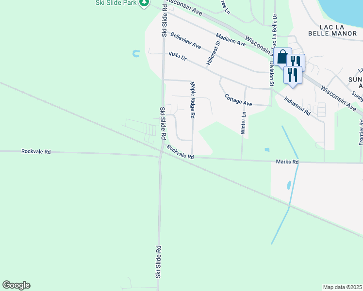 map of restaurants, bars, coffee shops, grocery stores, and more near N7735 Maple Ridge Road in Oconomowoc