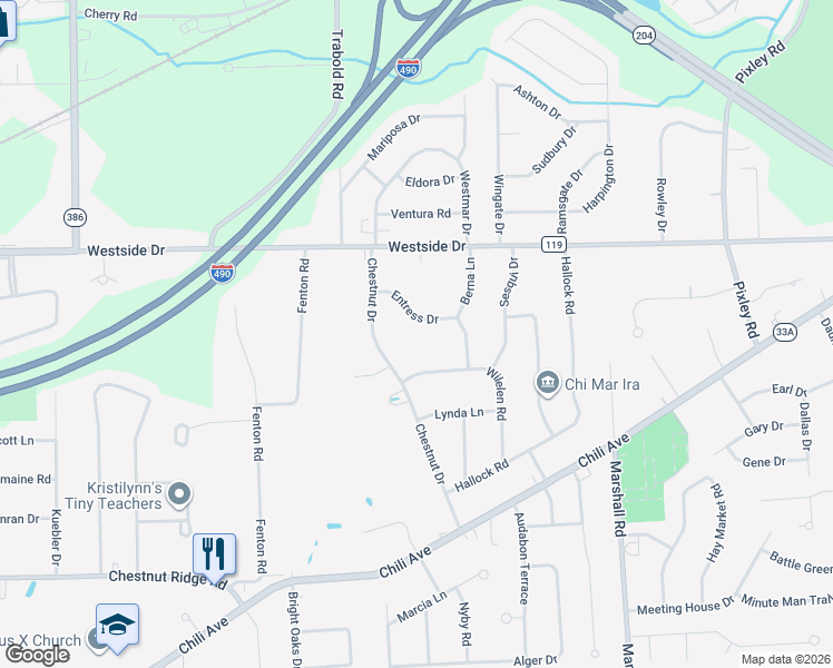 map of restaurants, bars, coffee shops, grocery stores, and more near 15 Entress Drive in Rochester