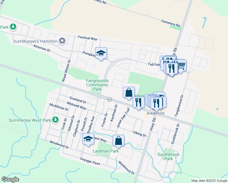 map of restaurants, bars, coffee shops, grocery stores, and more near 36 Valiant Circle in Hamilton