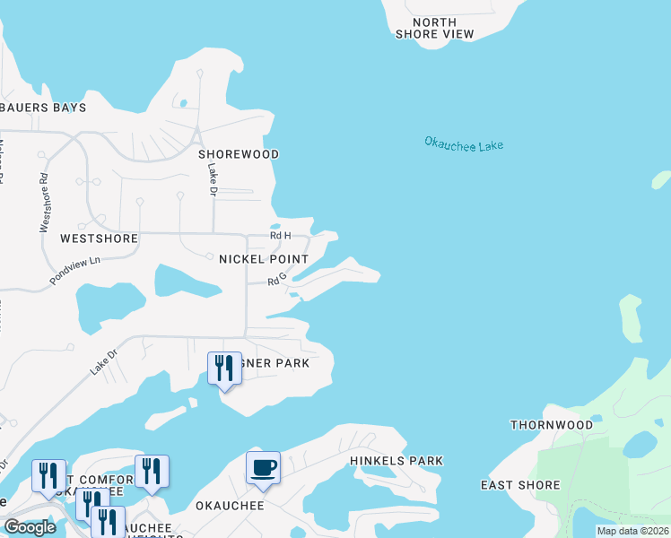map of restaurants, bars, coffee shops, grocery stores, and more near W344N5776 Road G in Oconomowoc