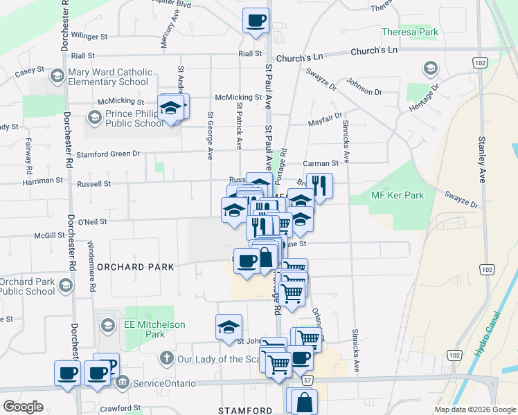 map of restaurants, bars, coffee shops, grocery stores, and more near 6287 O'Neil Street in Niagara Falls